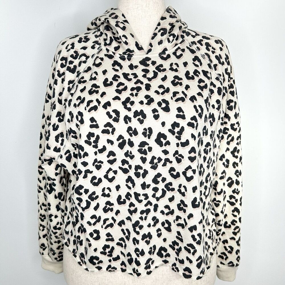 Lucky Brand Hoodie Women M Cream Cropped Leopard Preppy Academia Casual Raw Hem
